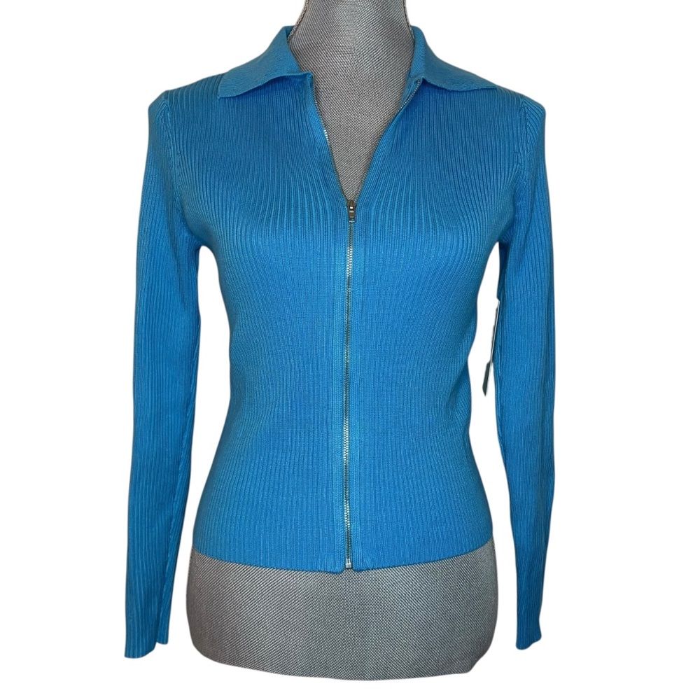 Mode Frisson Blue Ribbed Zip-Front Knit Cardigan